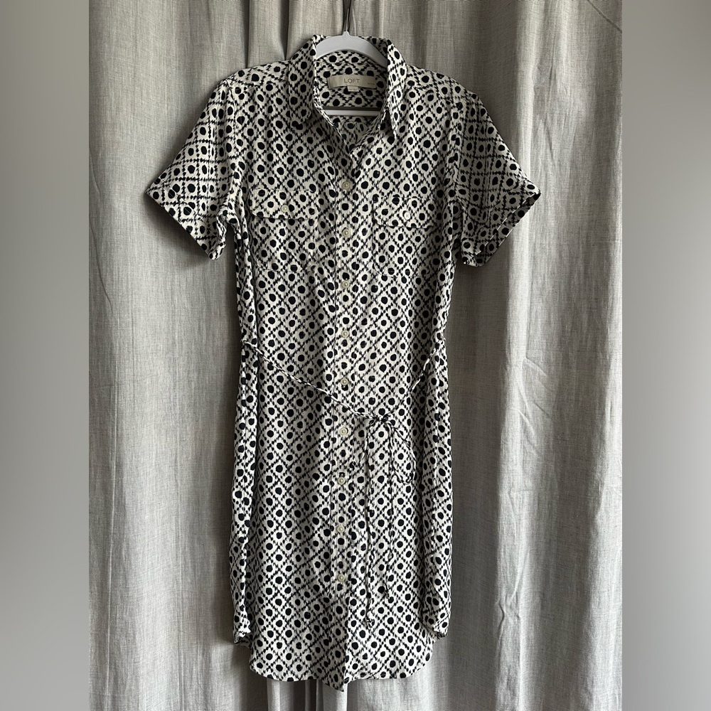 LOFT White and Blue Buttoned Midi Dress